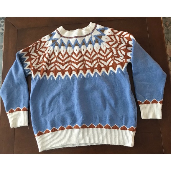 Sweaters - Women's Fair Isle Knit Sweater Blue Brown‎ White Pullover Long Sleeve Size L